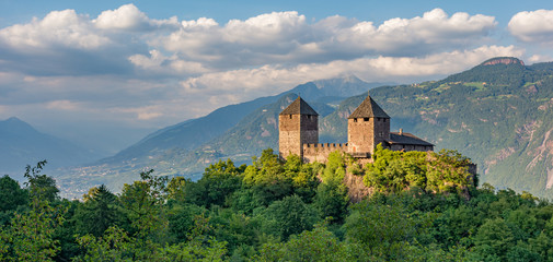 Fototapeta na wymiar View of Castel Leone with the Picco Ivigna in the background, Lana, Trentino-Alto Adige, Italy, 13th-15th century.