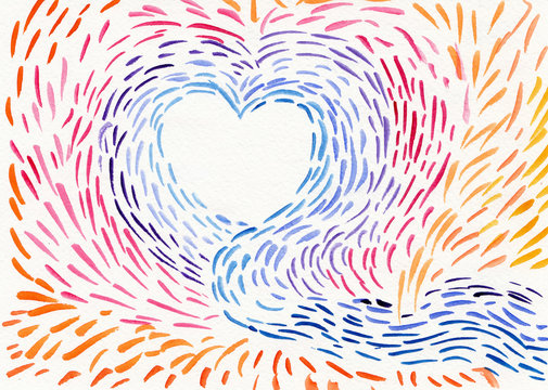 Hand drawn abstract background about love, sympathy, miracles. Watercolor brush strokes create a heart shape, bright colorful vibrant effect, like sparkles or fireworks.