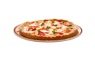 Tart with salted sheep cheese and tomatoes on a plate isolated on white background with clipping path