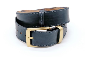 sample of classic leather men's belt with metal shiny buckle handmade in black twisted into a ball,...