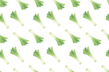 Fresh leek watercolor illustration repeat pattern, green onion, bright vegetable image for food design, healthy diet concept