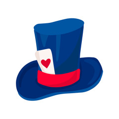 Mad Hatter blue hat with playing card. Vector illustration.