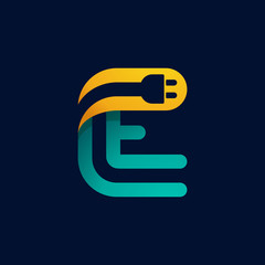 E letter logo with plug cable inside.