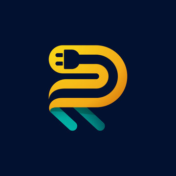 R letter logo with plug cable inside.