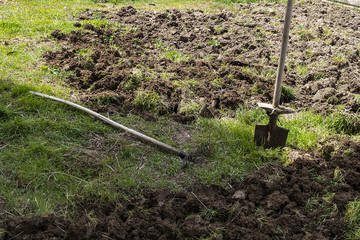 garden preparation in spring, tillage, metal garden harrow and digging shovel,