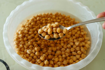 boiled chickpeas in water, close-up boiled chickpeas,