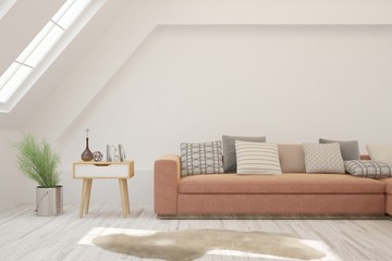 Modern living room in white color with sofa. Scandinavian interior design. 3D illustration