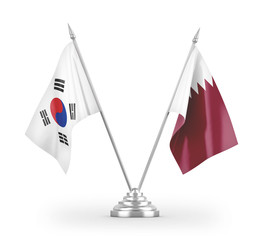 Qatar and South Korea table flags isolated on white 3D rendering