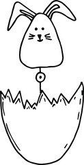 Single cute drawing for Easter holiday. A rabbit in an eggshell. Hand-drawn drawings. Can be used for cover design, poster, poster, decoupage, postcard, things.
