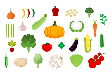 Vegetables set. Different colorful vegetable collection. Fresh farm products isolated on white background. Healthy, vegetarian, vegan diet. Autumn harvest. Vector illustration, flat style, clip art.