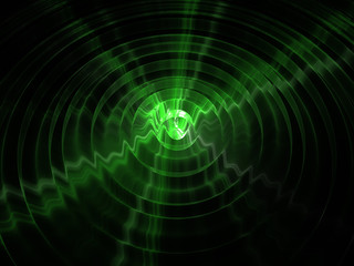 3D Graphic Illustration, Glowing Green Neon Colored Disc, Abstract Geometric Circular Curved Symmetrical Shapes, Bright Glowing Ring of Light, Background Image Artistic Resource, Water Ripple Effect