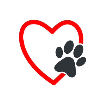 Animal love symbol, pet paw print with hand drawn heart, isolated vector