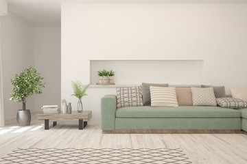 Modern living room in white color with sofa. Scandinavian interior design. 3D illustration