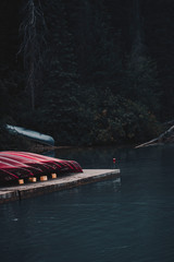 Canoes docked on a lake