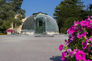 Obraz premium Historical glass greenhouse by the castle Lednice, Moravia, Czech Republic.