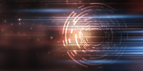 Dark tech abstract background with neon glow. Cyber circle laser figure on abstract background