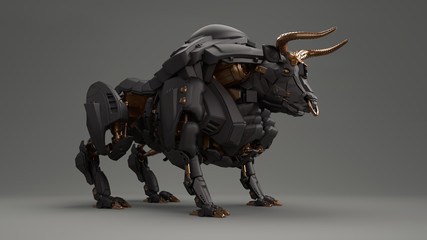 3D composite illustration of a Bull made of varnish gloss and aluminum black galvanized material . Sculpture. 3D rendering. Art