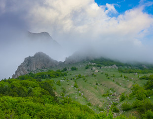 Fototapeta premium green mountain ridge in a blue mist