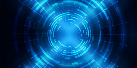 Dark tech abstract background with neon glow. Cyber circle laser figure on abstract background