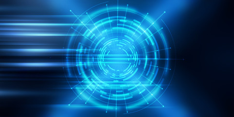 Dark tech abstract background with neon glow. Cyber circle laser figure on abstract background