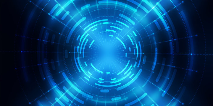 Dark tech abstract background with neon glow. Cyber circle laser figure on abstract background