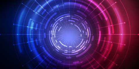 Dark tech abstract background with neon glow. Cyber circle laser figure on abstract background