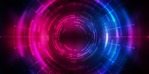 Dark tech abstract background with neon glow. Cyber circle laser figure on abstract background