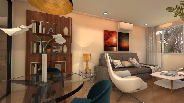 SALON COMEDOR ESTILO BOHO.RENDER 3D 