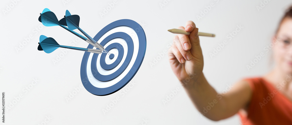 Poster Dart arrow on target dartboard, Business success concept..
