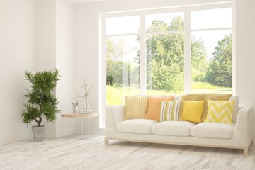 Minimalist living room in white color with sofa and summer landscape in window. Scandinavian interior design. 3D illustration