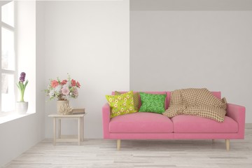Modern living room in white color with pink sofa. Scandinavian interior design. 3D illustration