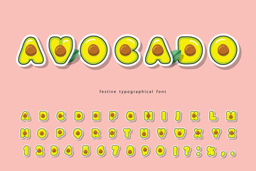 Avocado summer trendy font. Cartoon paper cut out alphabet. Natural healthy food concept. Cute funny letters and numbers on pink. For poster, banner, T-shirt, brochure design. Vector