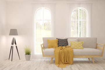 Fototapeta premium Modern living room in white color with sofa. Scandinavian interior design. 3D illustration