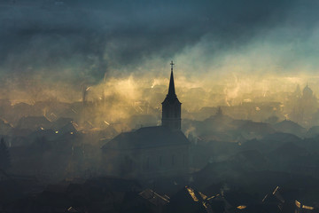 Church silhouette misty village landscape seen from above - obrazy, fototapety, plakaty