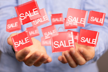 percent shopping digital in hand 3d.