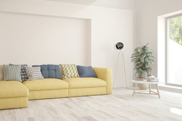 Modern living room in white color with sofa. Scandinavian interior design. 3D illustration