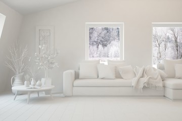 Mock up of stylish living room in white color with sofa and winter landscape in window. Scandinavian interior design. 3D illustration