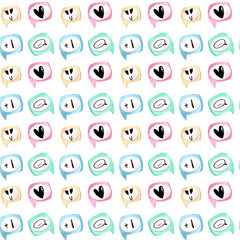 Digital art cute text cloud seamless pattern with heart emoticons, like on white background. Print for wrapping paper, stationery, social networks, fabrics, banners.