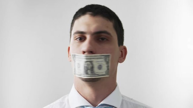 The guy with the sealed mouth money bill shows no nodding here and there. The theme of bribery and corruption. Money is evil. On a white background