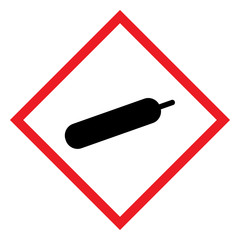 Gas under pressure symbol cylinder graphics design. CLP hazard sign. Diamond shape red border and white background.