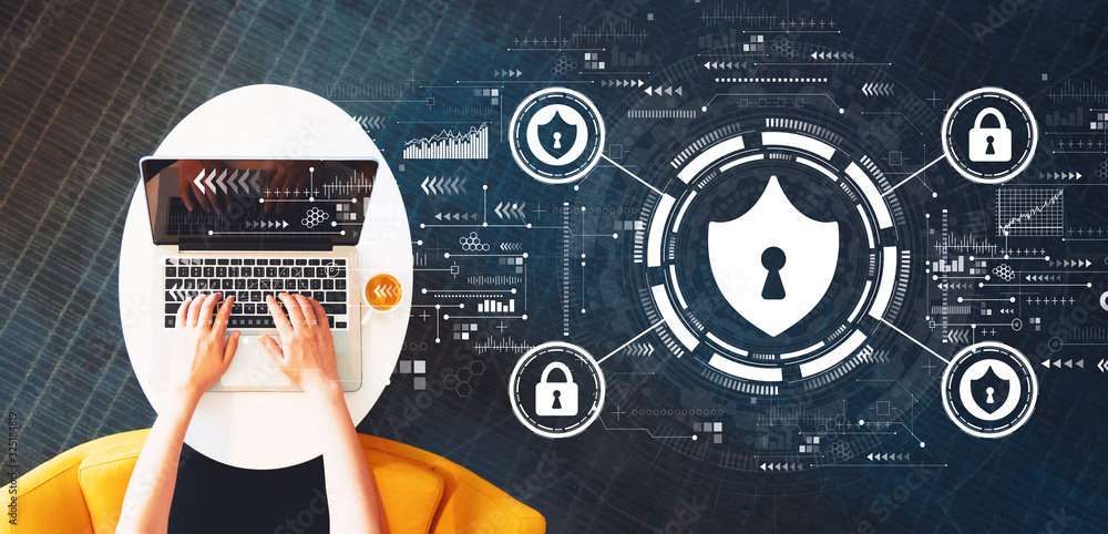 Poster cyber security theme with person using a laptop on a white table