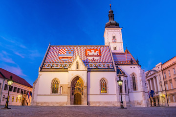 Fototapeta na wymiar Croatia, city of Zagreb, st. Mark's Church on Upper Town in the night