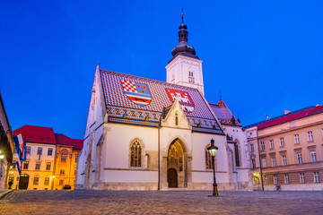 Fototapeta premium Croatia, city of Zagreb, st. Mark's Church on Upper Town in the night