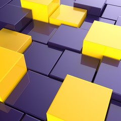 3D rendering abstract background of violet and yellow cubes
