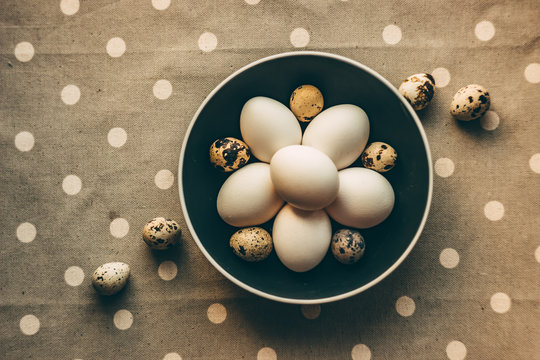 Rustic decor, eggs in a bowl  easter composition, monochrome