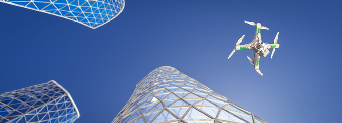 drone flying over and reviewing a construction site