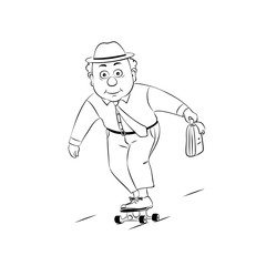 An elderly man on a skateboard.Vector illustration of a linear silhouette on a white background.