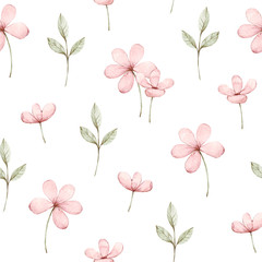 Cute pink flowers on a white background. Seamless pattern. Watercolor illustration. Fabric wallpaper print texture. Perfectly for wrapper pattern, frame or border, background, texture.