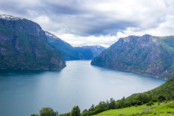 Fototapeta na wymiar panorama of mountains and Aurlandsfjord from Stegastein viewpoint in Norway