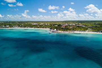 Beautiful drone view of Caribbean sea coast at Bayahibe village, Dominican Republic
